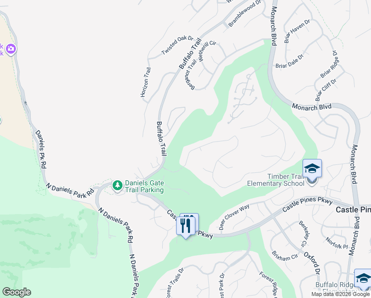 map of restaurants, bars, coffee shops, grocery stores, and more near 1291 Buffalo Ridge Road in Castle Rock