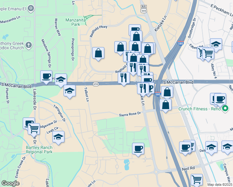 map of restaurants, bars, coffee shops, grocery stores, and more near 605 Sierra Rose Drive in Reno