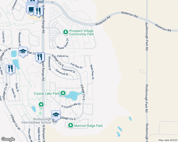 map of restaurants, bars, coffee shops, grocery stores, and more near 7825 Mule Deer Place in Littleton