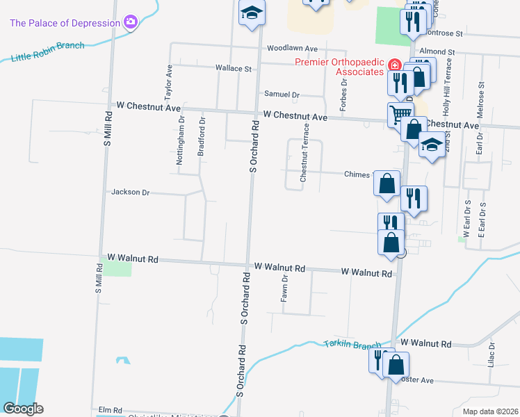 map of restaurants, bars, coffee shops, grocery stores, and more near 809 South Orchard Road in Vineland