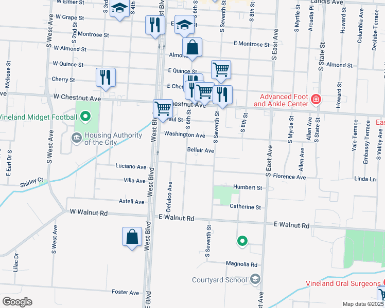 map of restaurants, bars, coffee shops, grocery stores, and more near 751 South 6th Street in Vineland