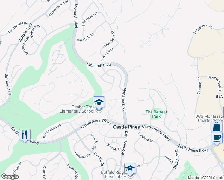 map of restaurants, bars, coffee shops, grocery stores, and more near 7832 Stonedale Drive in Castle Pines