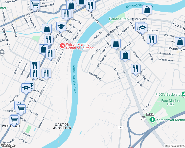 map of restaurants, bars, coffee shops, grocery stores, and more near 705 McKinley Street in Fairmont