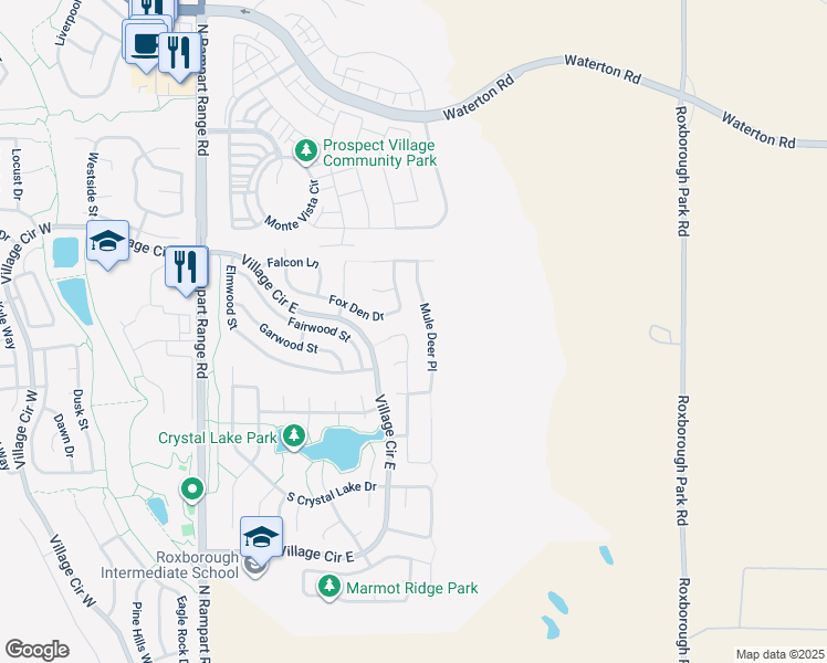 map of restaurants, bars, coffee shops, grocery stores, and more near 7825 Mule Deer Place in Littleton
