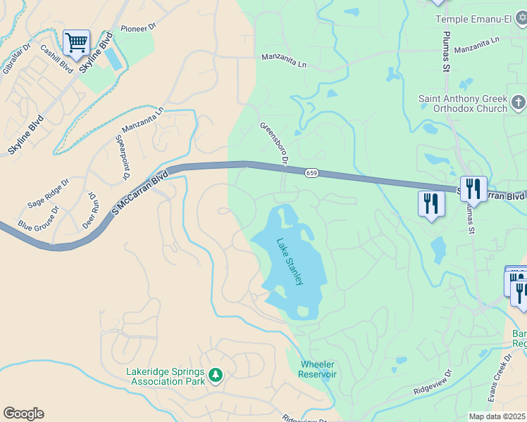 map of restaurants, bars, coffee shops, grocery stores, and more near 2448 East Lake Ridge Shores in Reno
