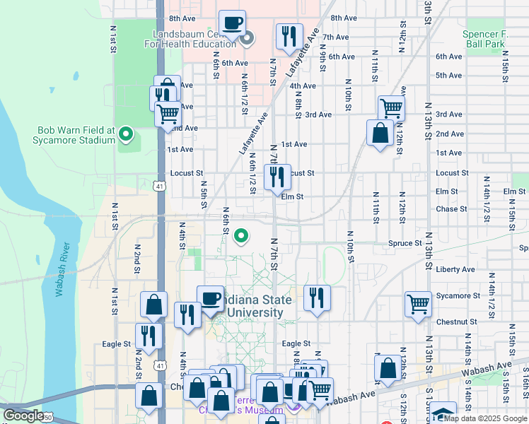 map of restaurants, bars, coffee shops, grocery stores, and more near 710 North 7th Street in Terre Haute