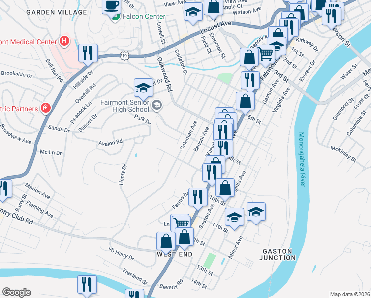 map of restaurants, bars, coffee shops, grocery stores, and more near 835 Coleman Avenue in Fairmont