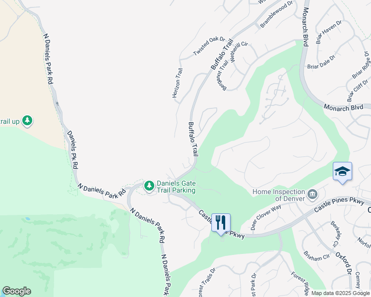 map of restaurants, bars, coffee shops, grocery stores, and more near 7811 Buffalo Trail in Castle Pines