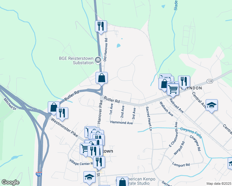 map of restaurants, bars, coffee shops, grocery stores, and more near 101 Neel Avenue in Reisterstown