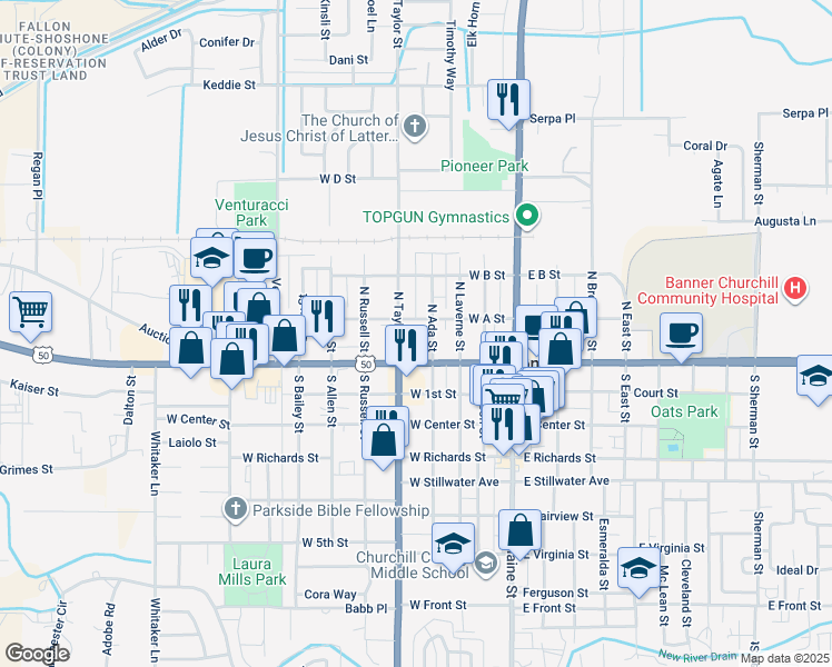 map of restaurants, bars, coffee shops, grocery stores, and more near 365 West A Street in Fallon