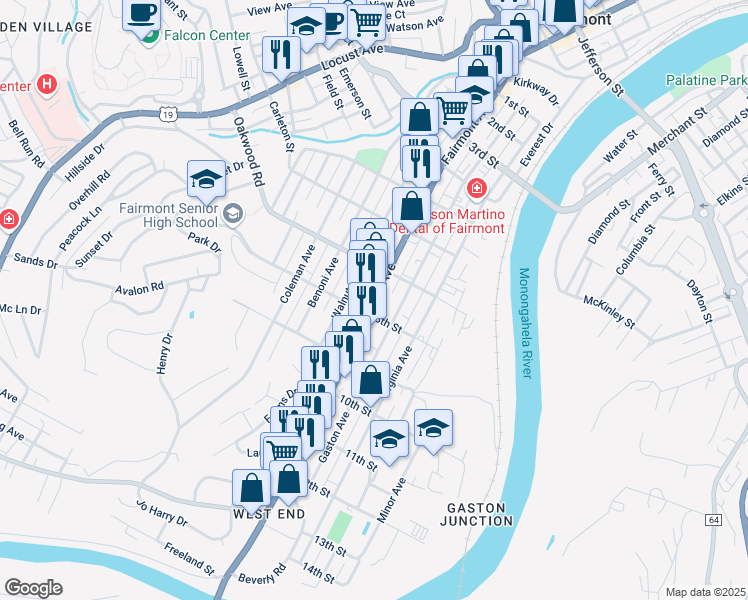 map of restaurants, bars, coffee shops, grocery stores, and more near 750 Fairmont Avenue in Fairmont