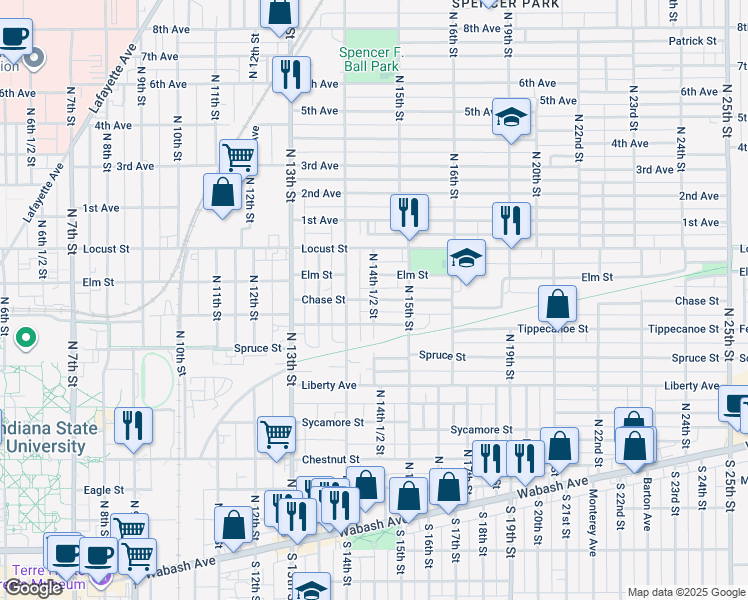 map of restaurants, bars, coffee shops, grocery stores, and more near 698 North 14th 1/2 Street in Terre Haute