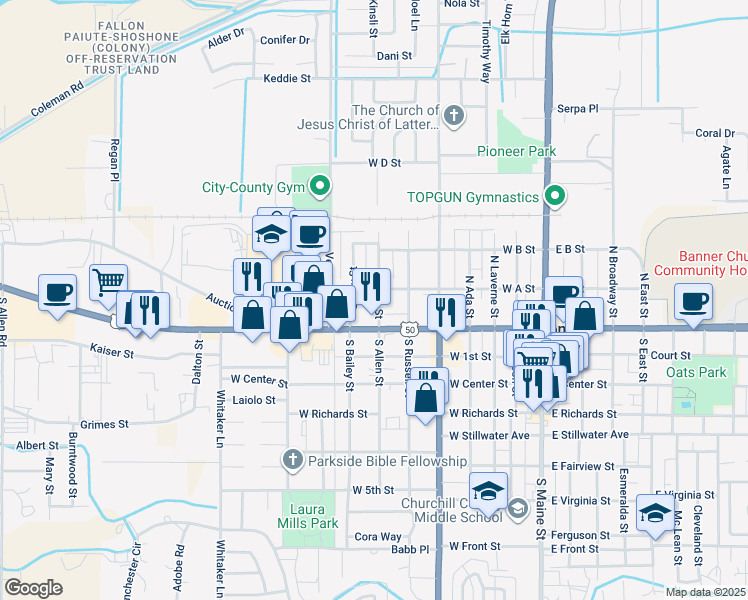 map of restaurants, bars, coffee shops, grocery stores, and more near 30 North Bailey Street in Fallon
