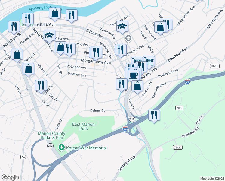 map of restaurants, bars, coffee shops, grocery stores, and more near 201 Roberts Street in Fairmont