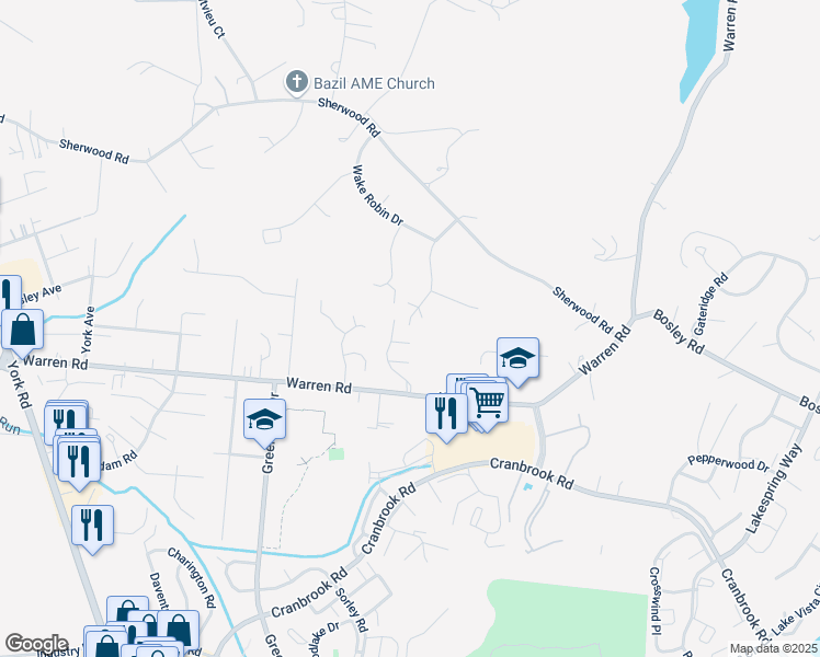 map of restaurants, bars, coffee shops, grocery stores, and more near 22 Warren Manor Court in Cockeysville