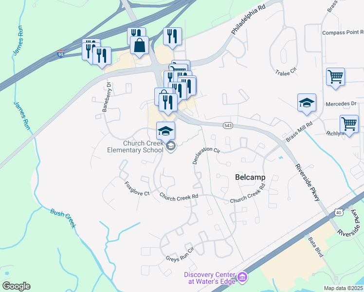 map of restaurants, bars, coffee shops, grocery stores, and more near 4299 Church Creek Road in Belcamp