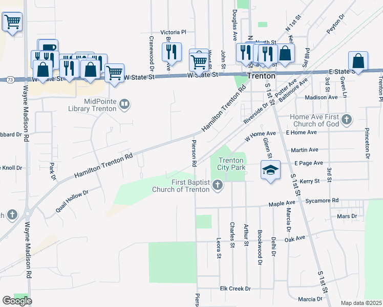 map of restaurants, bars, coffee shops, grocery stores, and more near 415 Pierson Road in Trenton