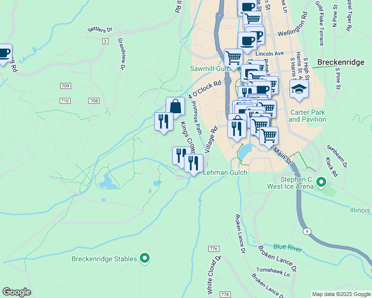 map of restaurants, bars, coffee shops, grocery stores, and more near 43 Snowflake Drive in Breckenridge