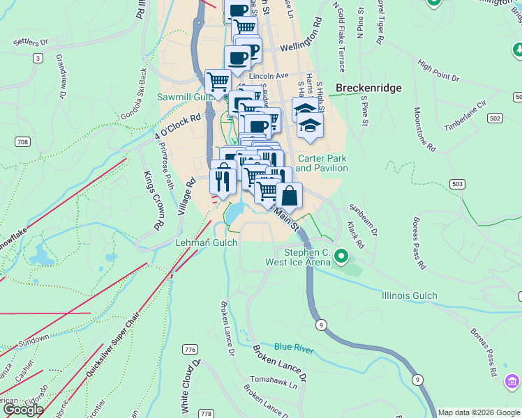 map of restaurants, bars, coffee shops, grocery stores, and more near 610 Columbine Road in Breckenridge