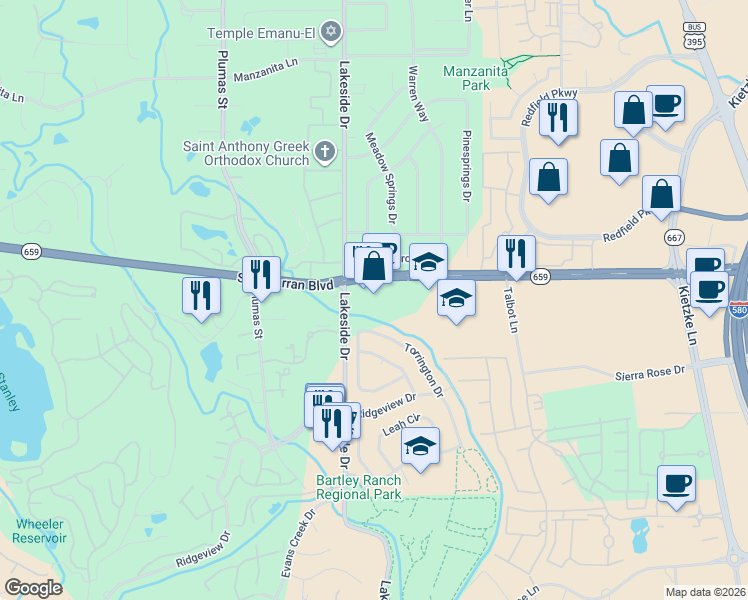 map of restaurants, bars, coffee shops, grocery stores, and more near 6900 South McCarran Boulevard in Reno
