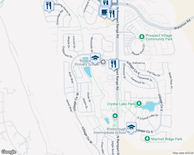 map of restaurants, bars, coffee shops, grocery stores, and more near 7793 Rampart Way in Littleton