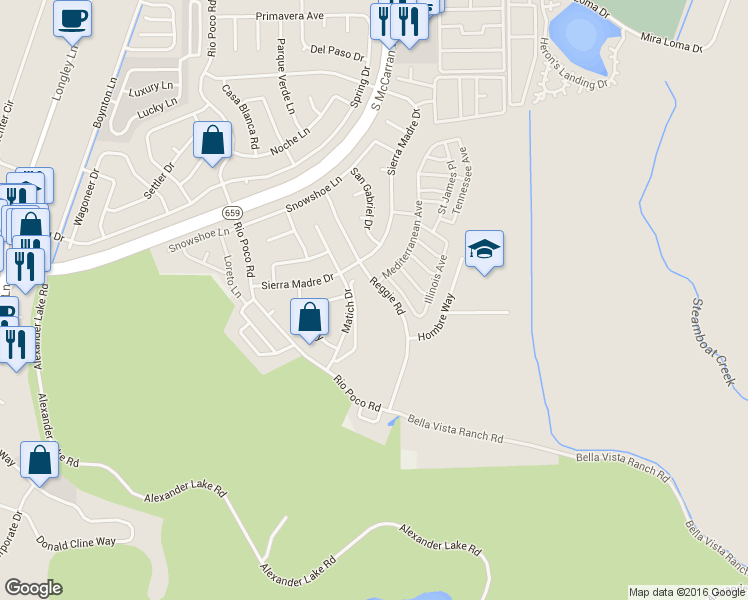 map of restaurants, bars, coffee shops, grocery stores, and more near 4541 Reggie Road in Reno