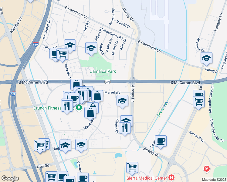 map of restaurants, bars, coffee shops, grocery stores, and more near 1550 Marvel Way in Reno