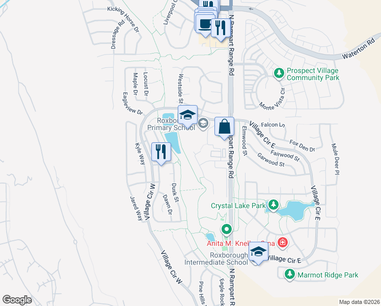 map of restaurants, bars, coffee shops, grocery stores, and more near 7793 Rampart Way in Littleton