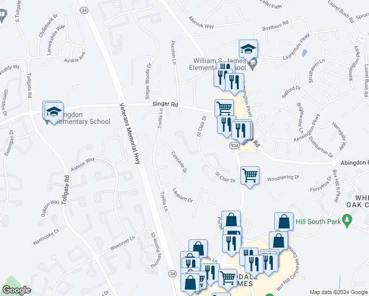 map of restaurants, bars, coffee shops, grocery stores, and more near 3041 Benefit Court in Abingdon