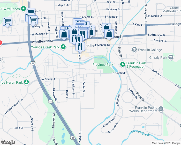 map of restaurants, bars, coffee shops, grocery stores, and more near 180 South Franklin Street in Greenfield