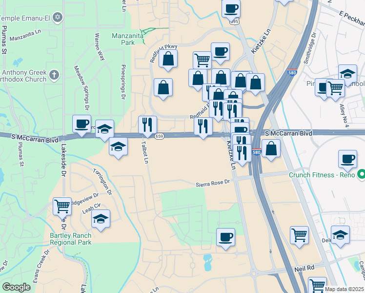 map of restaurants, bars, coffee shops, grocery stores, and more near 6490 South McCarran Boulevard in Reno