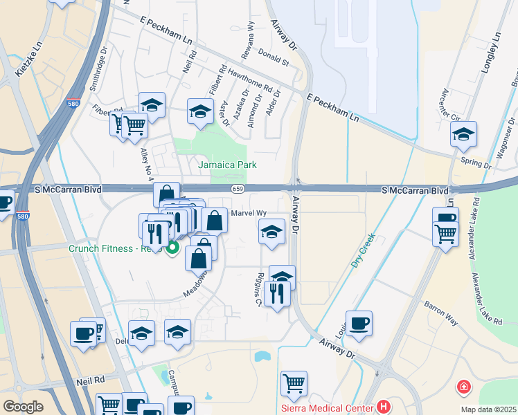 map of restaurants, bars, coffee shops, grocery stores, and more near 1555 Marvel Way in Reno