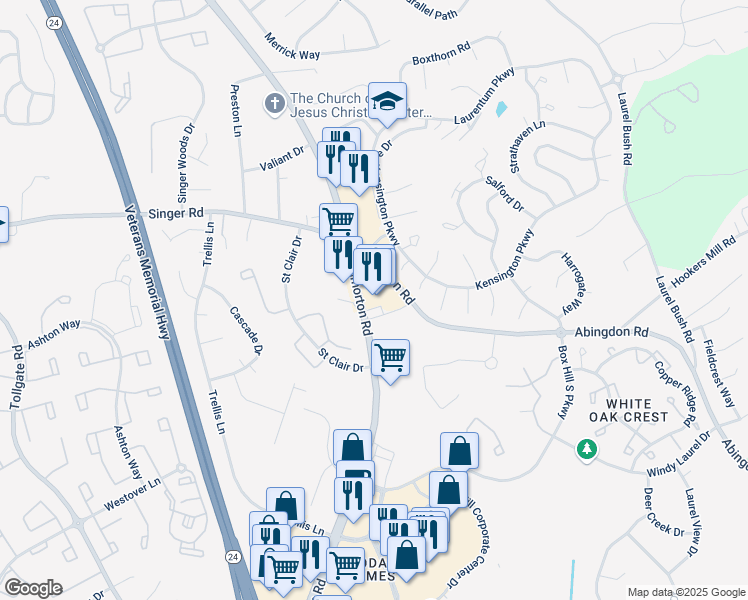 map of restaurants, bars, coffee shops, grocery stores, and more near 3101 Emmorton Road in Abingdon