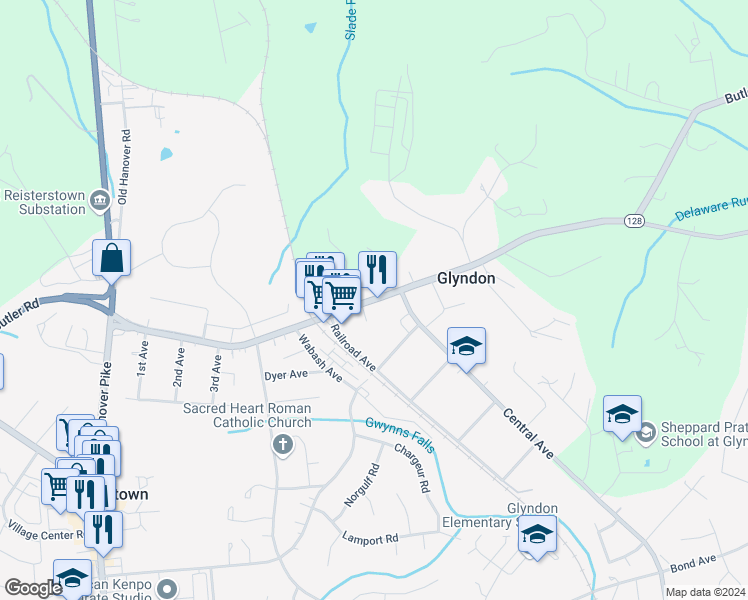 map of restaurants, bars, coffee shops, grocery stores, and more near in Glyndon