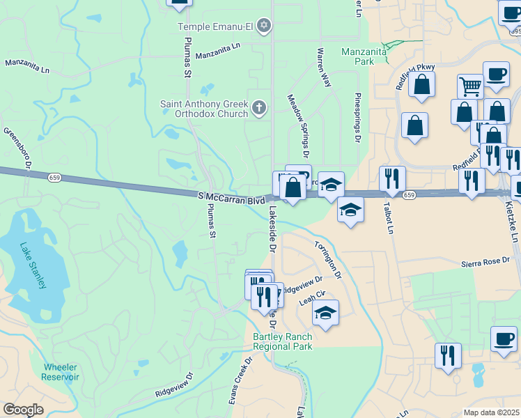 map of restaurants, bars, coffee shops, grocery stores, and more near 6032 Plumas Street in Reno