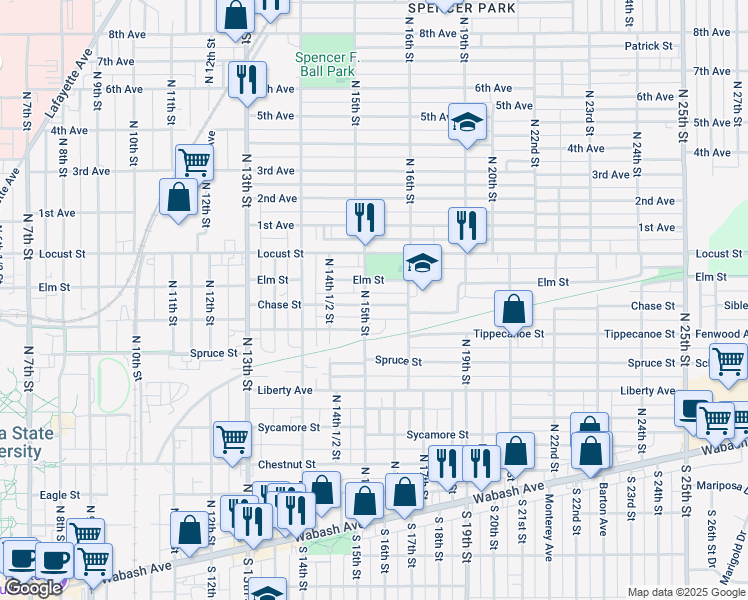 map of restaurants, bars, coffee shops, grocery stores, and more near 1469 Chase Street in Terre Haute