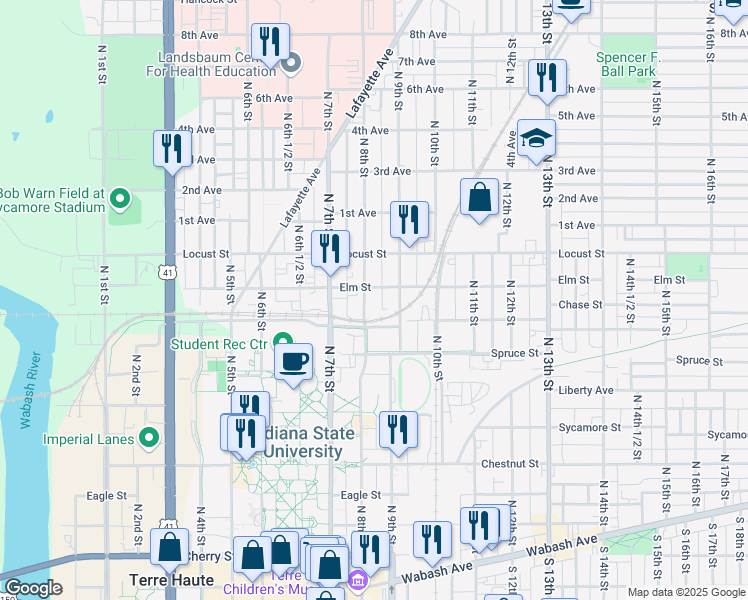 map of restaurants, bars, coffee shops, grocery stores, and more near 707 North 8th Street in Terre Haute