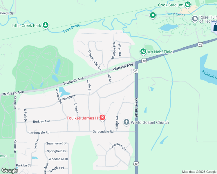 map of restaurants, bars, coffee shops, grocery stores, and more near 425 Woodbine in Terre Haute