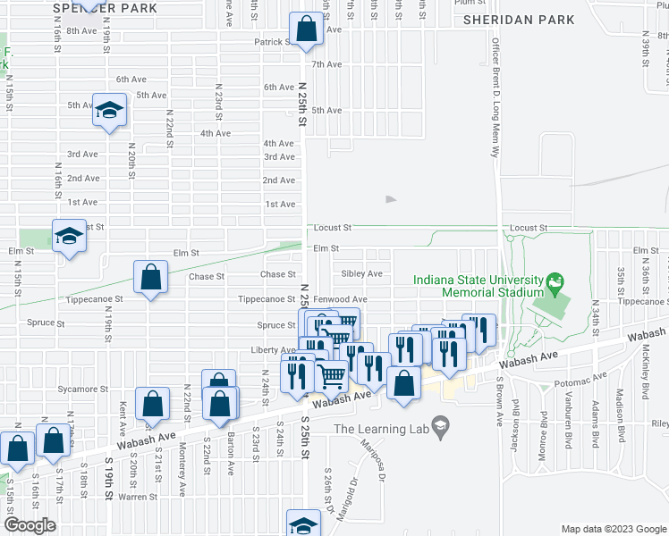 map of restaurants, bars, coffee shops, grocery stores, and more near 2600 Sibley Avenue in Terre Haute