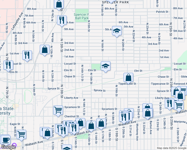 map of restaurants, bars, coffee shops, grocery stores, and more near 1469 Chase Street in Terre Haute