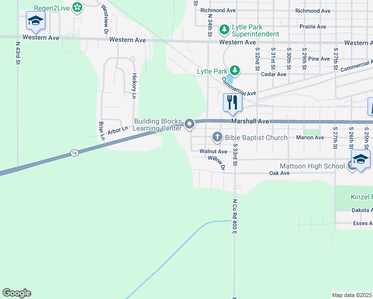 map of restaurants, bars, coffee shops, grocery stores, and more near 761 South 36th Street in Mattoon
