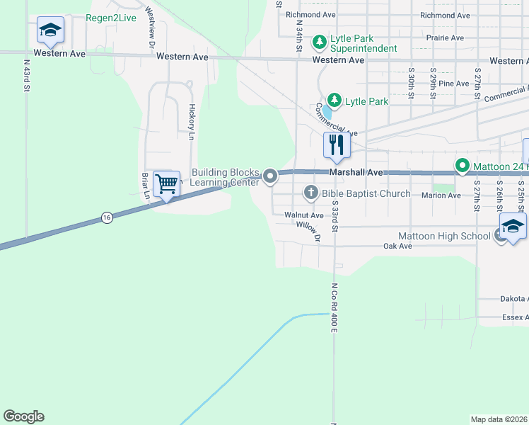 map of restaurants, bars, coffee shops, grocery stores, and more near 3517 Willow Drive in Mattoon
