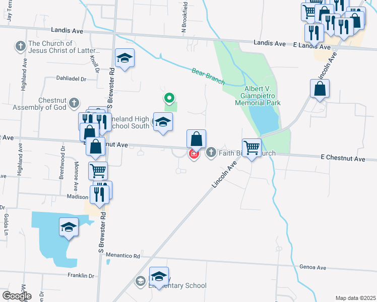 map of restaurants, bars, coffee shops, grocery stores, and more near Unnamed Road in Vineland