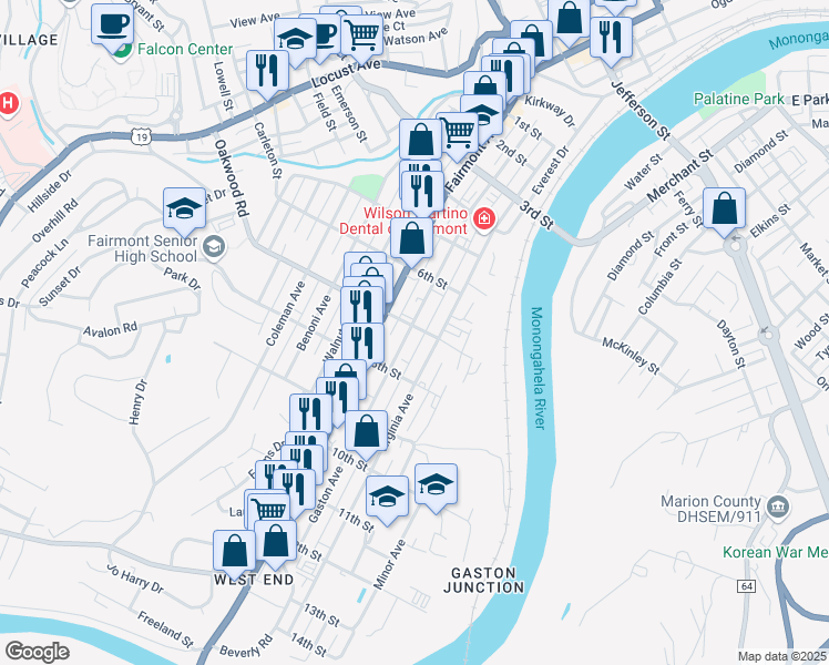 map of restaurants, bars, coffee shops, grocery stores, and more near 719 Virginia Avenue in Fairmont