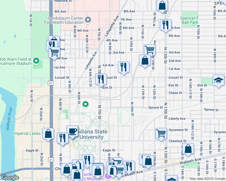 map of restaurants, bars, coffee shops, grocery stores, and more near 707 North 8th Street in Terre Haute