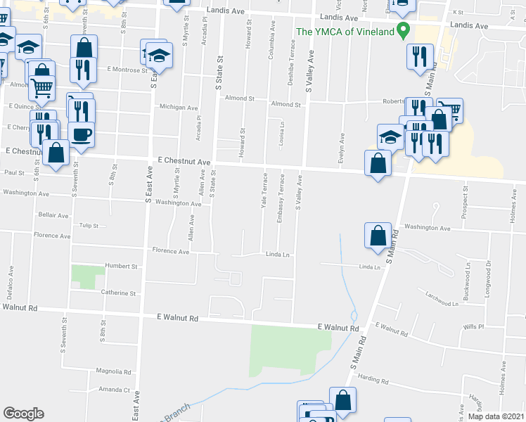 map of restaurants, bars, coffee shops, grocery stores, and more near 723 Yale Terrace in Vineland