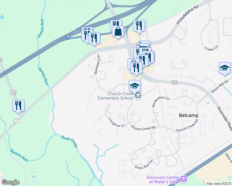 map of restaurants, bars, coffee shops, grocery stores, and more near Liriope Court in Belcamp
