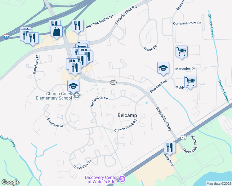 map of restaurants, bars, coffee shops, grocery stores, and more near 1319 Rigbie Hall Court in Belcamp