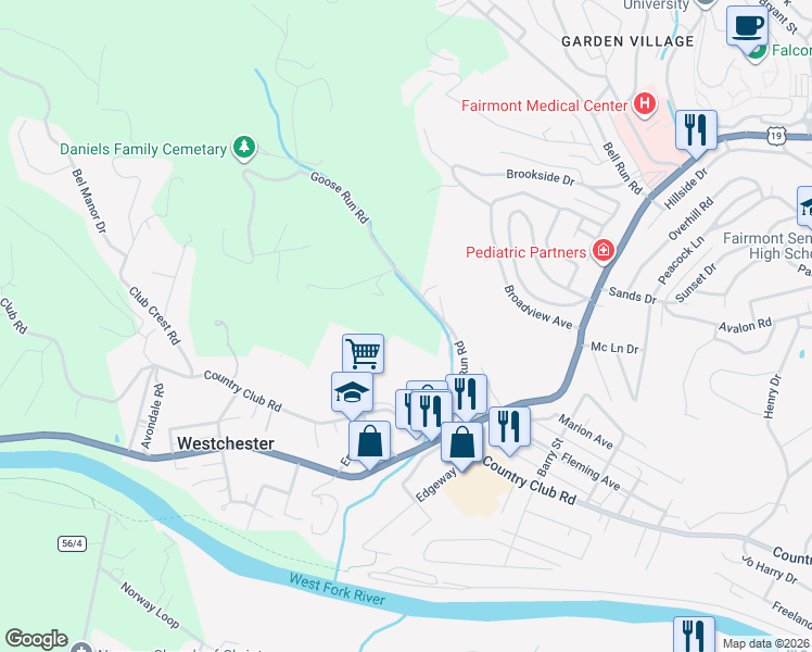 map of restaurants, bars, coffee shops, grocery stores, and more near 301 Marion Square in Fairmont