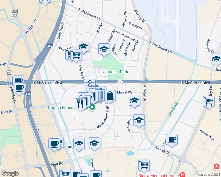 map of restaurants, bars, coffee shops, grocery stores, and more near 5190 Neil Road in Reno